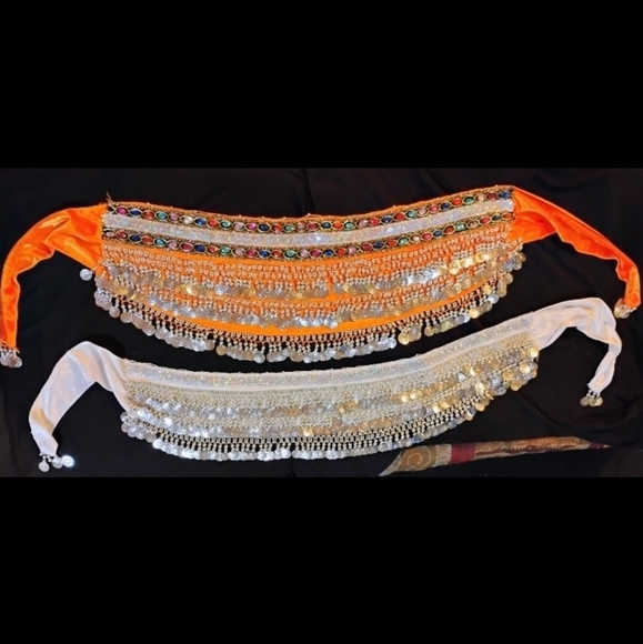 Belly Dancer Hip Scarves Elegant Orange and White Beaded Both For One Price - Picture 1 of 5